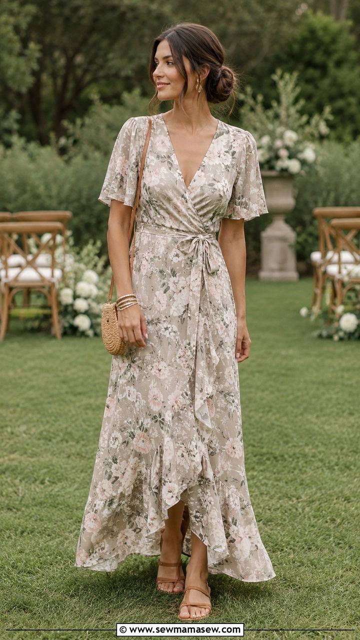 Floral Maxi Wrap Dress With Flat Sandals - 30 transitional wedding guest outfit ideas