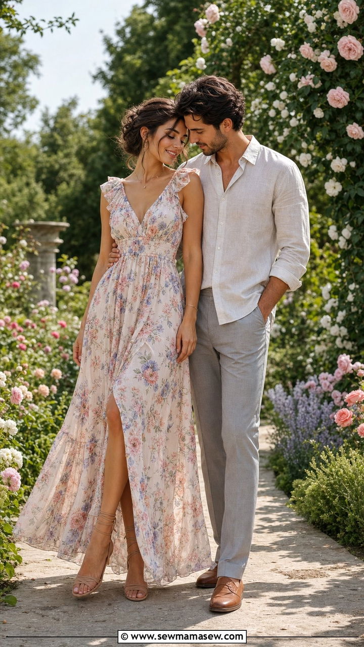 Floral Maxi and Linen Shirt Combo - 25 Couples photo outfit ideas 2026