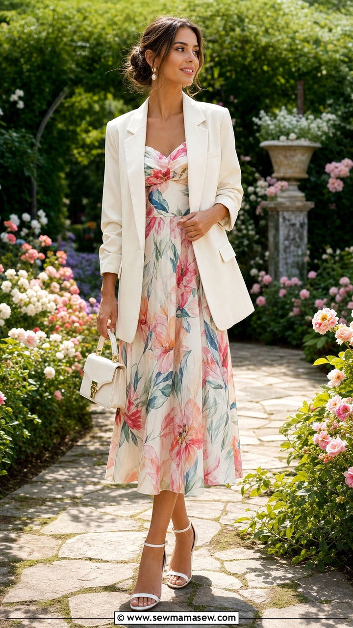 Floral Midi Dress And Blazer Outfit - 25 Easy spring outfit ideas 2026