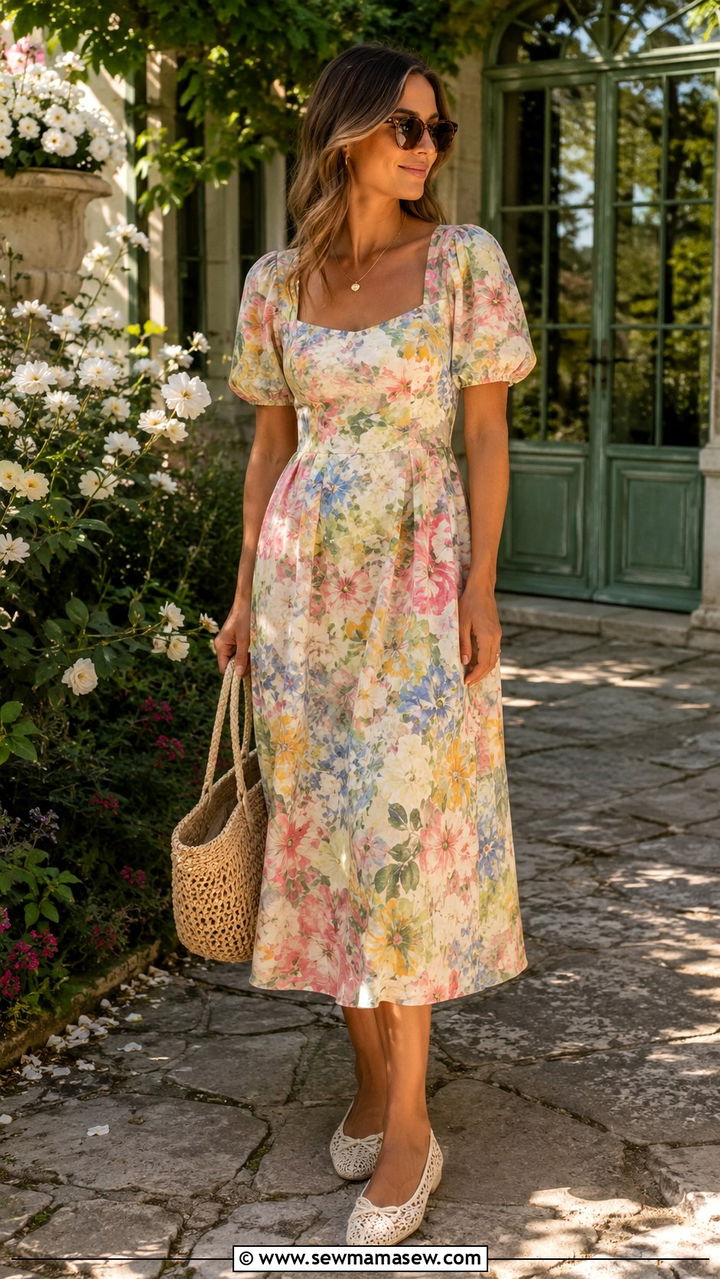 Floral Midi Dress And Crochet Ballet Flats - 25 Old money outfit ideas with ballet flats