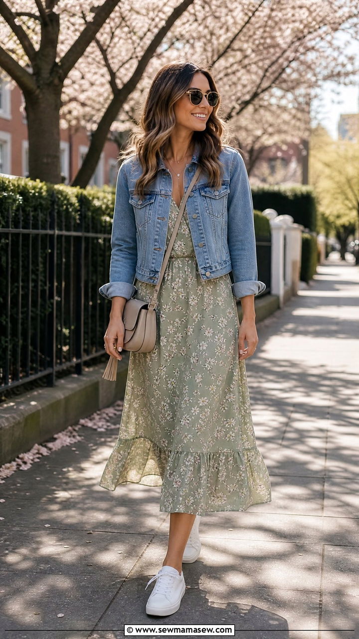 Floral Midi Dress And Denim Jacket Outfit - 20 Spring outfits for 75 degree weather