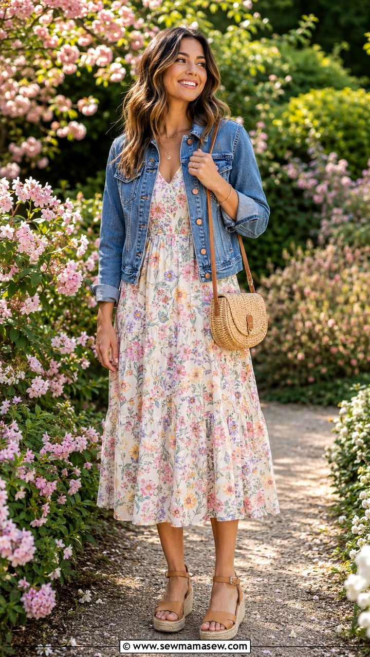 Floral Midi Dress And Denim Jacket Outfit - 30 Mid spring outfits