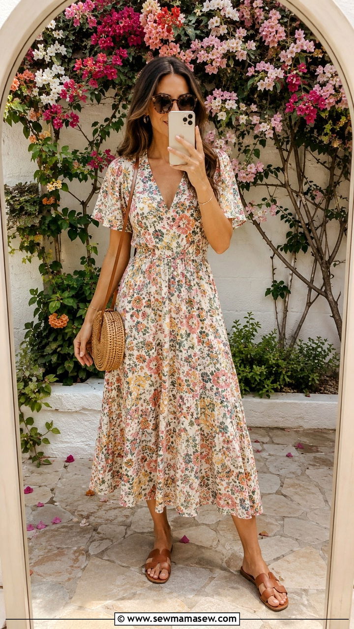 Floral Midi Dress And Oversized Sunglasses Spring Outfit - 20 spring outfits with oversize sunglasses