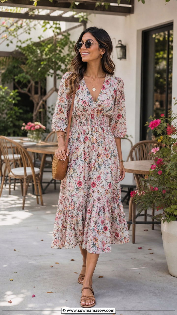 Floral Midi Dress And Sandals - 30 Effortless brunch outfit ideas