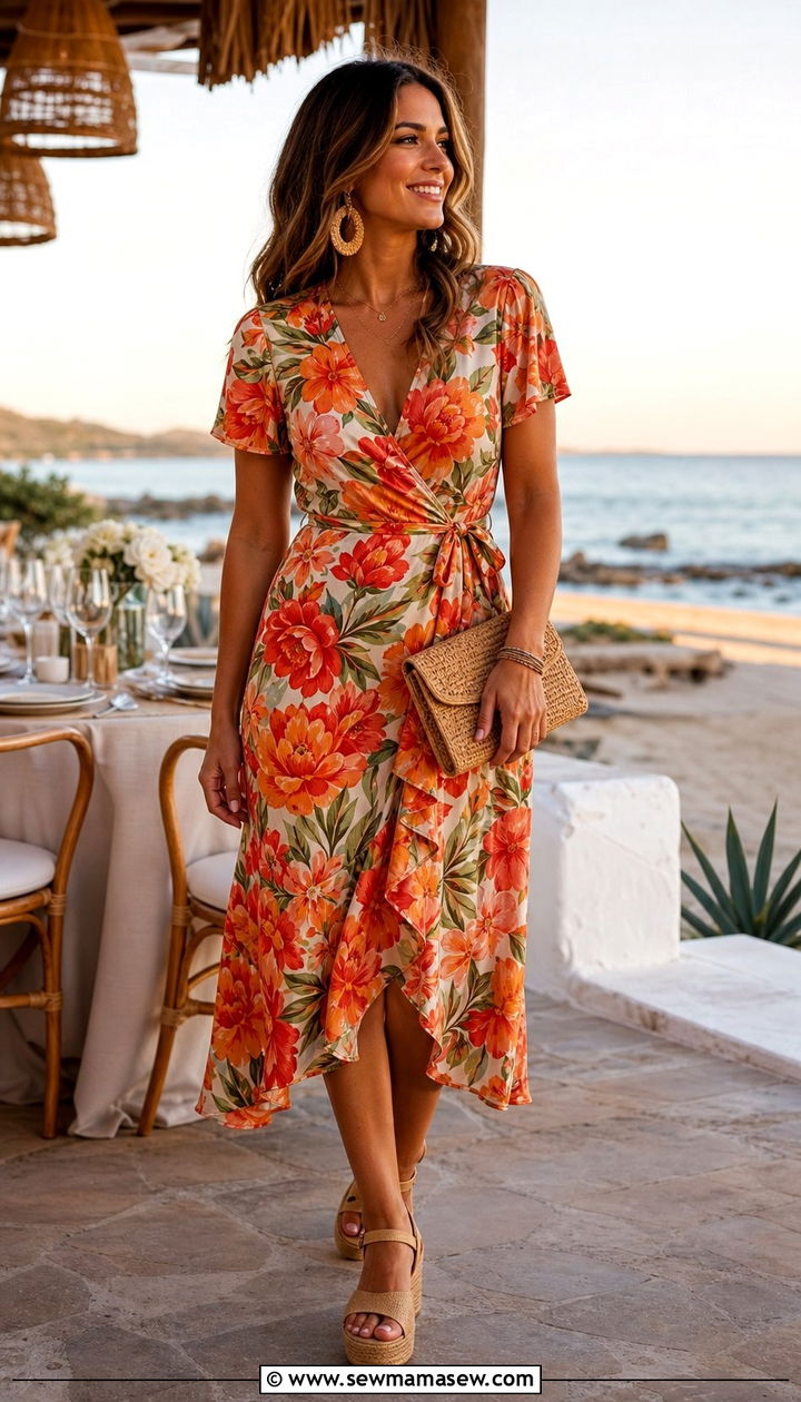 Floral Midi Dress And Wedge Sandals - 35 beach vacation outfits inspo