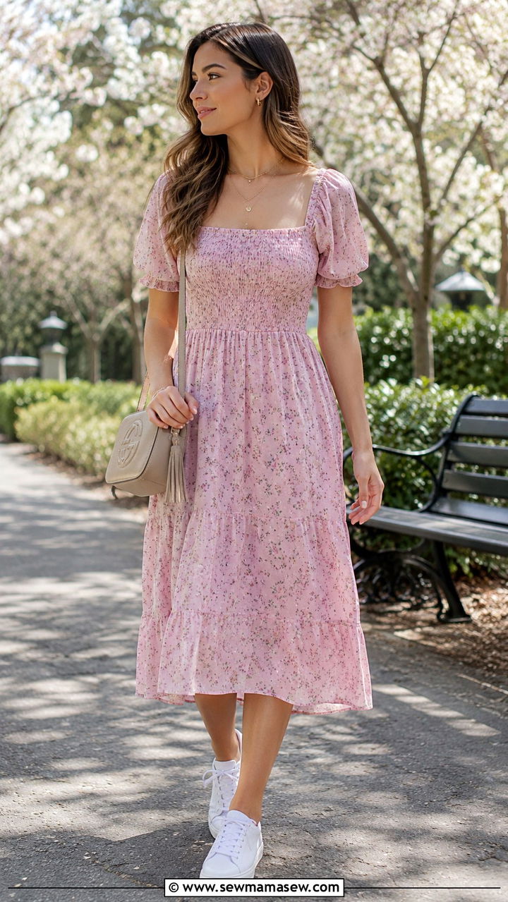 Floral Midi Dress And White Sneaker Spring Outfit - 20 Put together spring outfit ideas 2026