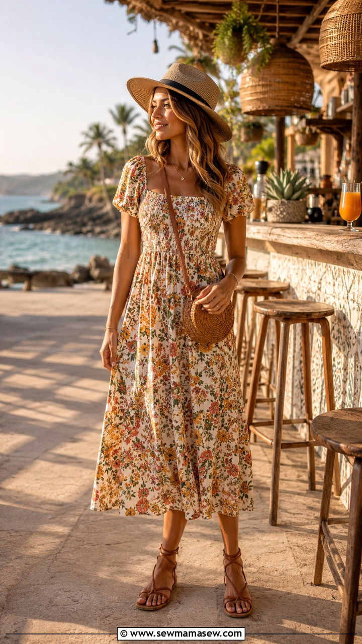 Floral Midi Dress Beach Bar Outfit - 25 Beach bar outfit ideas