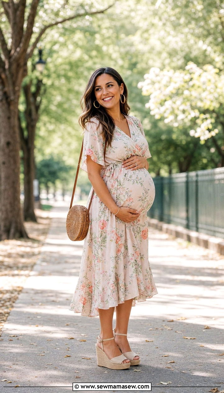 Floral Midi Dress Maternity Photo Outfit - 25 Summer maternity photo outfits