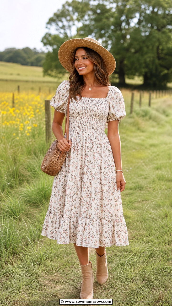 Floral Midi Dress Summer Countryside Outfit - 30 Summer countryside outfits
