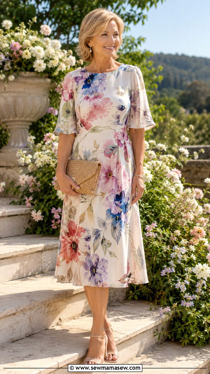Floral Midi Dress Wedding Guest Outfit - 25 Wedding guest outfit ideas for 50 year old