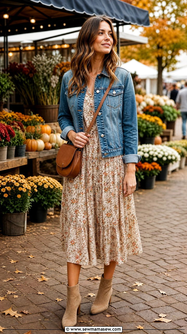 Floral Midi Dress With Ankle Boots - 30 Midi dress outfit ideas with boots