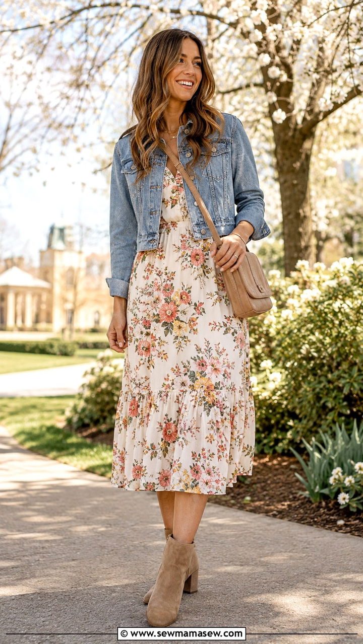 Floral Midi Dress With Ankle Boots - 30 Spring outfits with boots