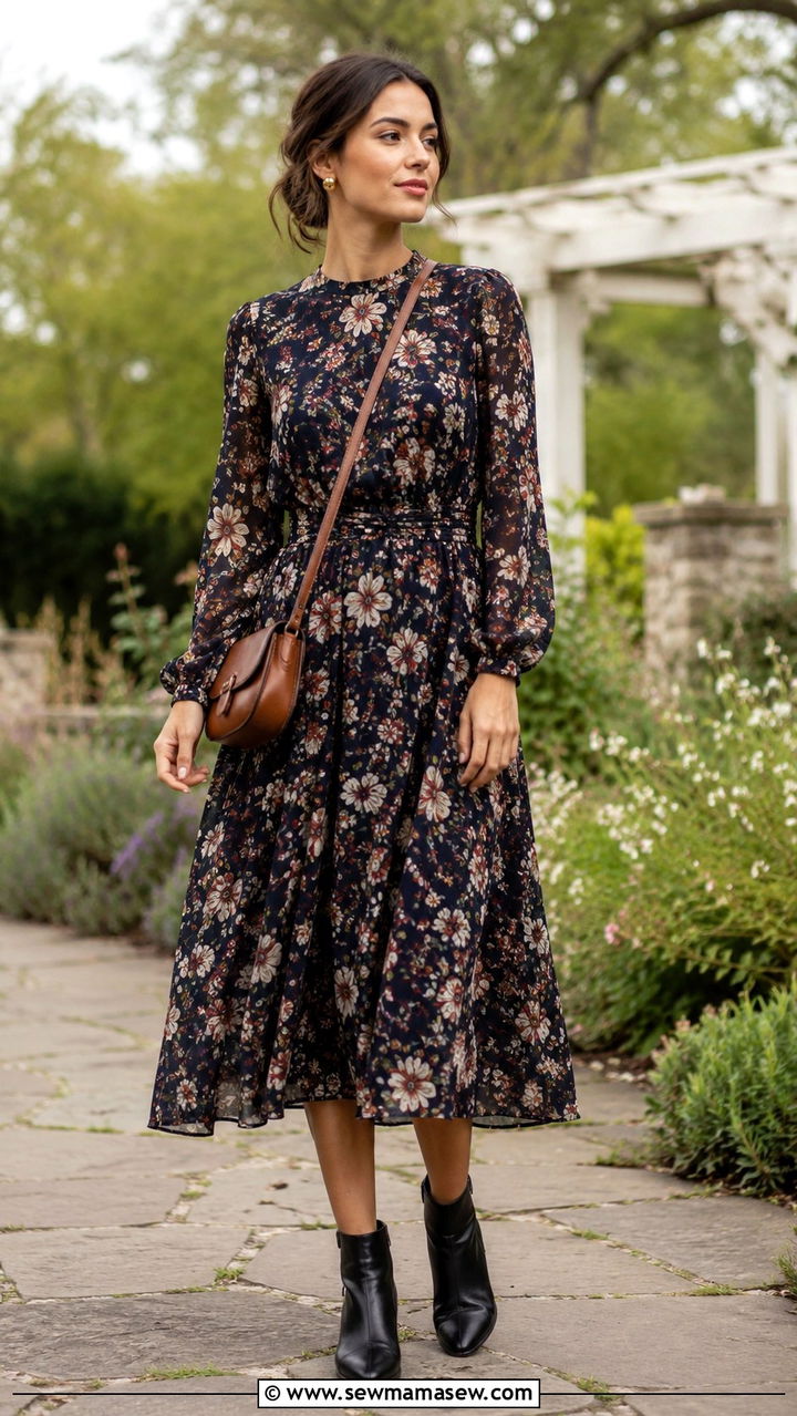 Floral Midi Dress With Ankle Boots - 30 spring trendy outfit ideas