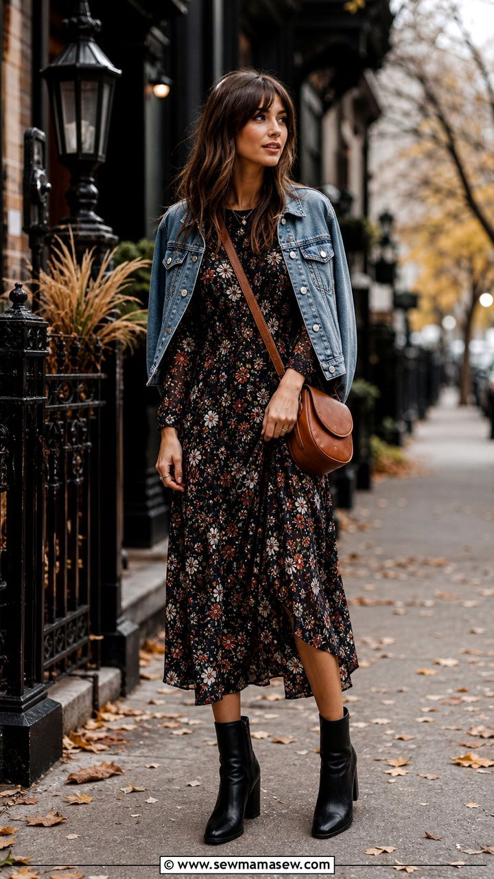 Floral Midi Dress With Ankle Boots - 40 cute dress outfits