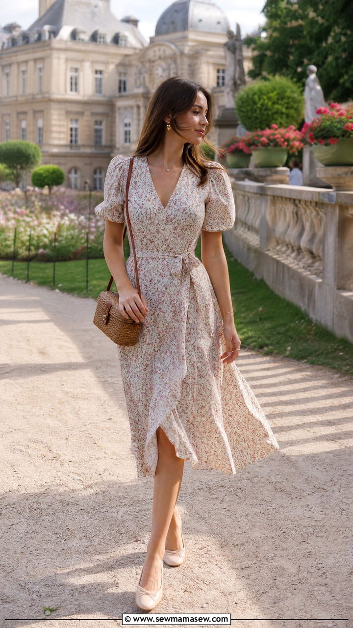 Floral Midi Dress With Ballet Flats - 30 summer parisian outfit ideas