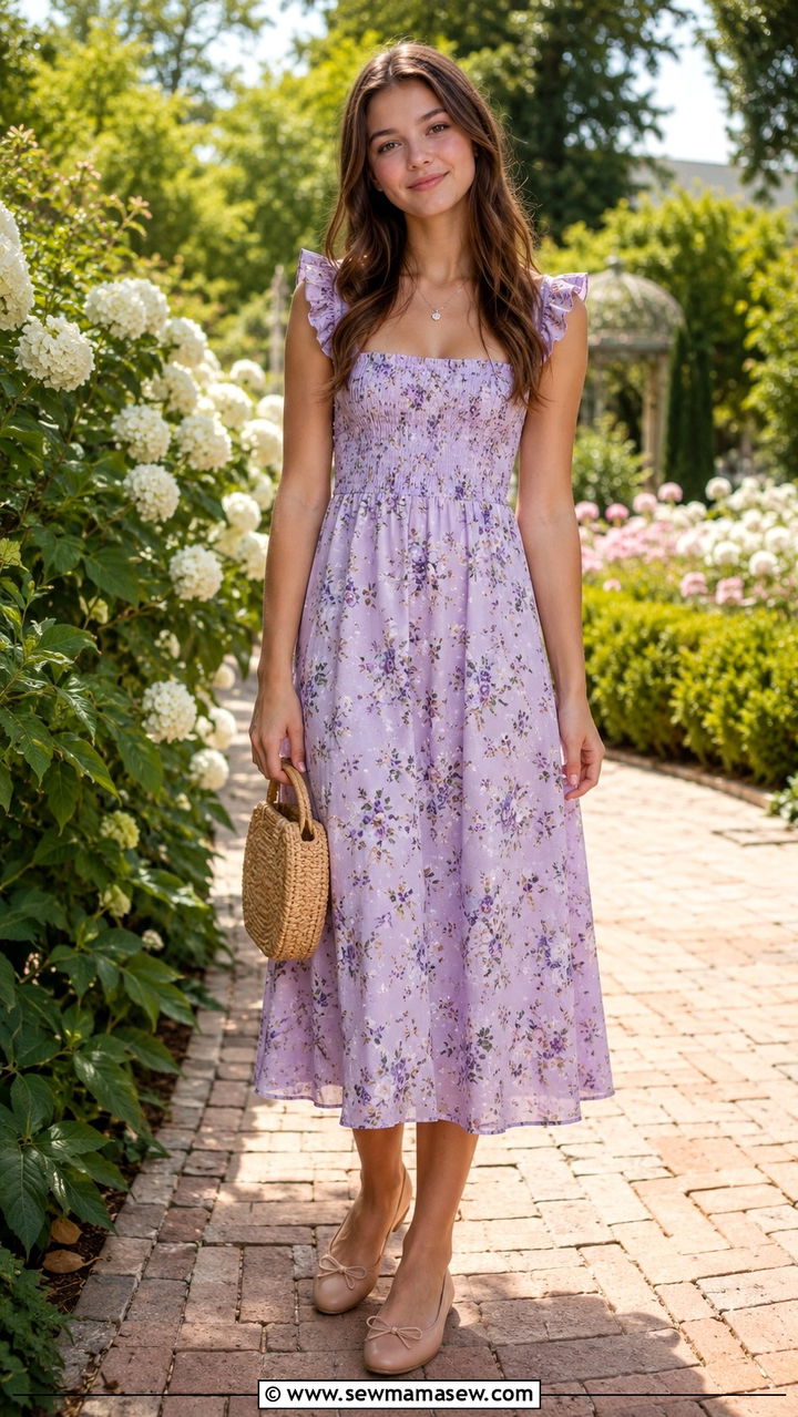 Floral Midi Dress With Ballet Flats - 25 Wedding guest outfits for teens