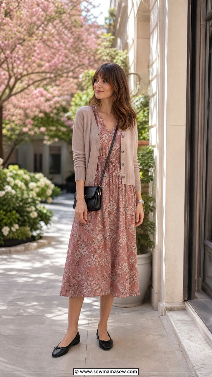 Floral Midi Dress With Ballet Flats - 30 French girl outfit ideas for work