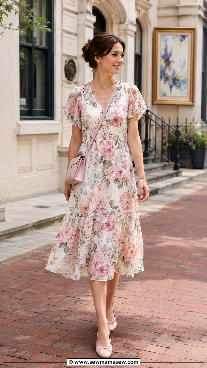 Floral Midi Dress With Ballet Flats - 30 romantic outfits to copy