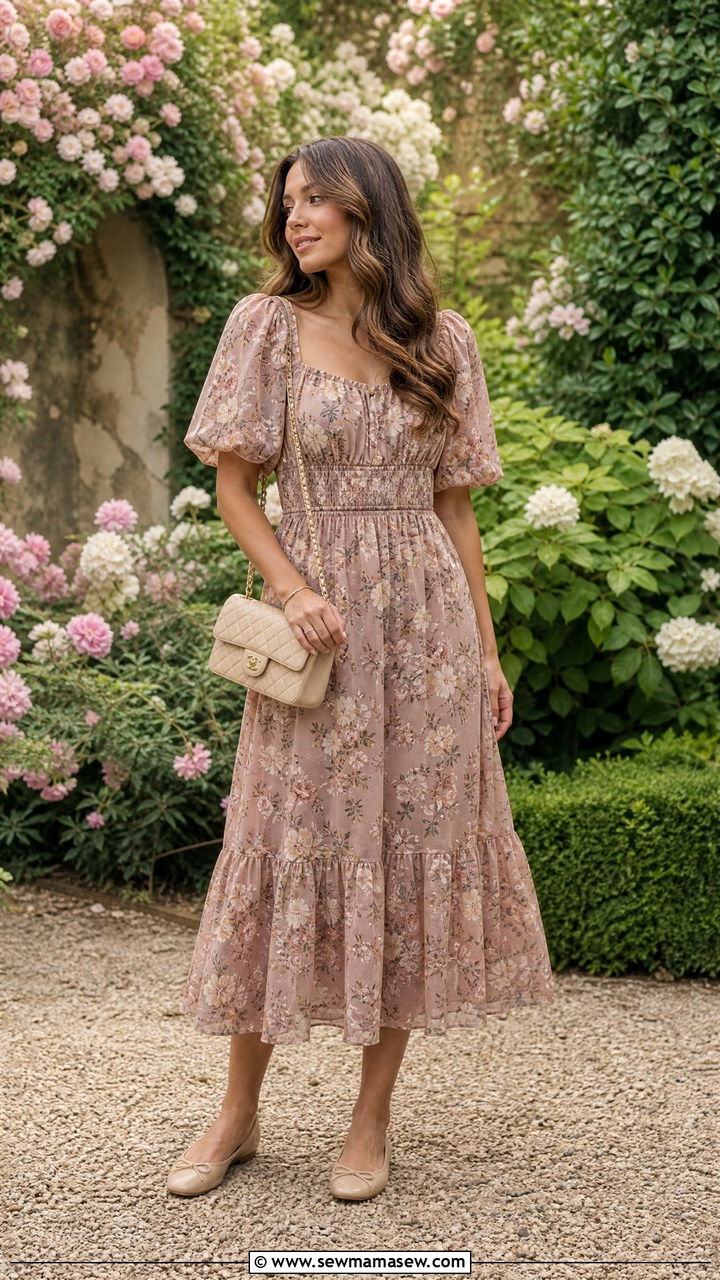 Floral Midi Dress With Ballet Flats And Chanel Bag - 30 French girl outfit ideas with Chanel bag
