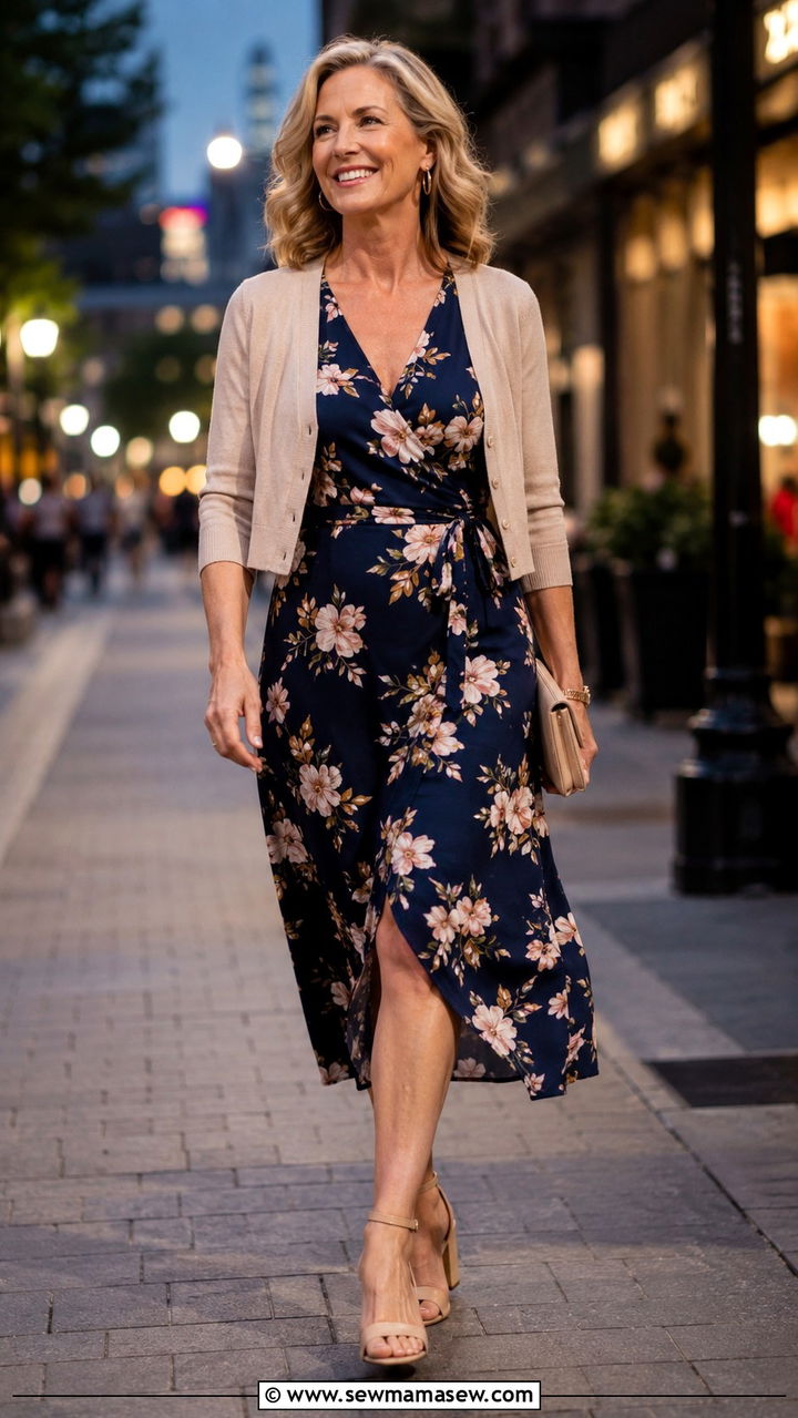 Floral Midi Dress With Block Heels - 30 Night out outfit ideas women over 60