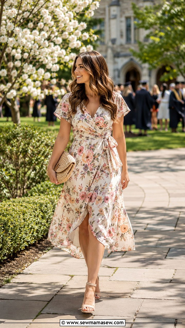 Floral Midi Dress With Block Heels - 30 Graduation ceremony outfit ideas