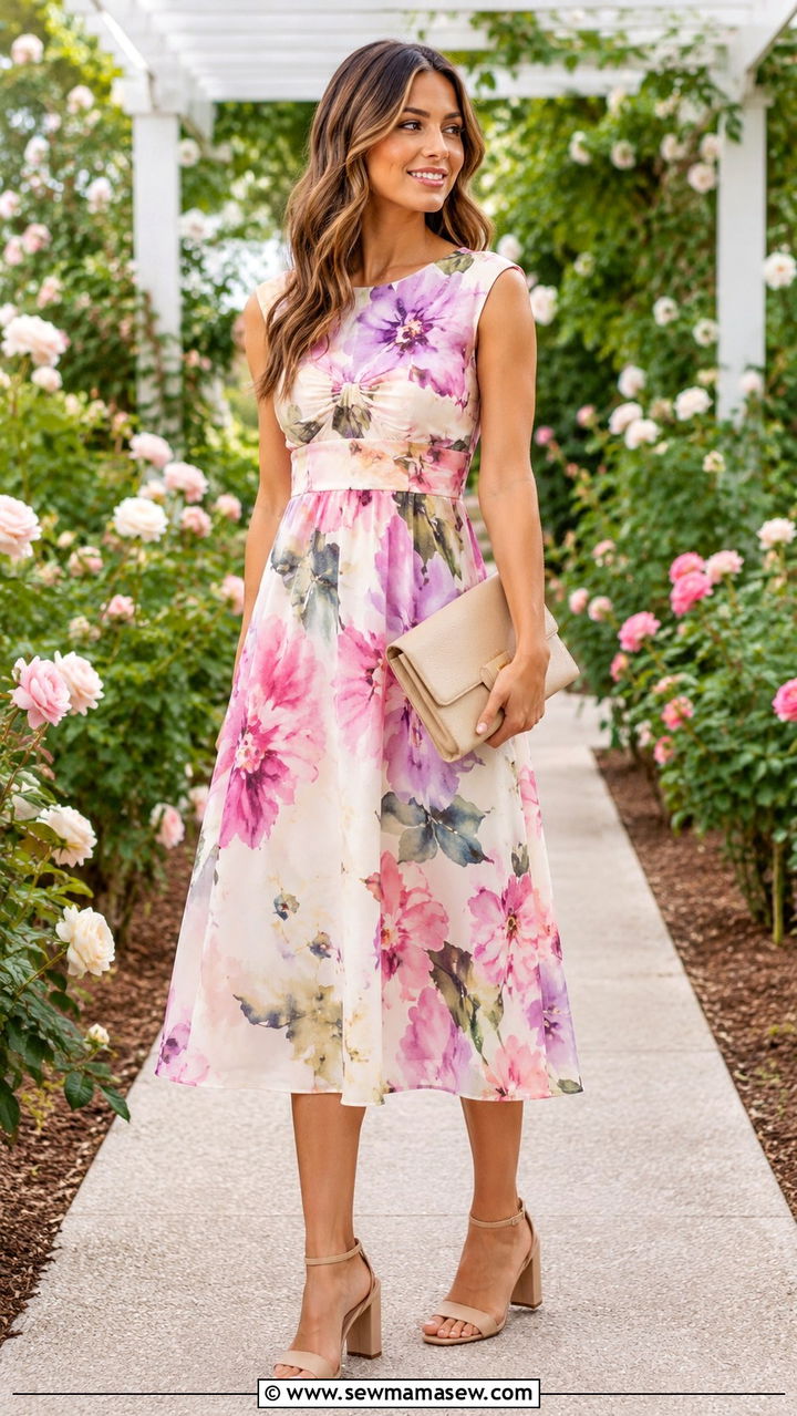 Floral Midi Dress With Block Heels - 30 seasonal wedding guest outfit ideas