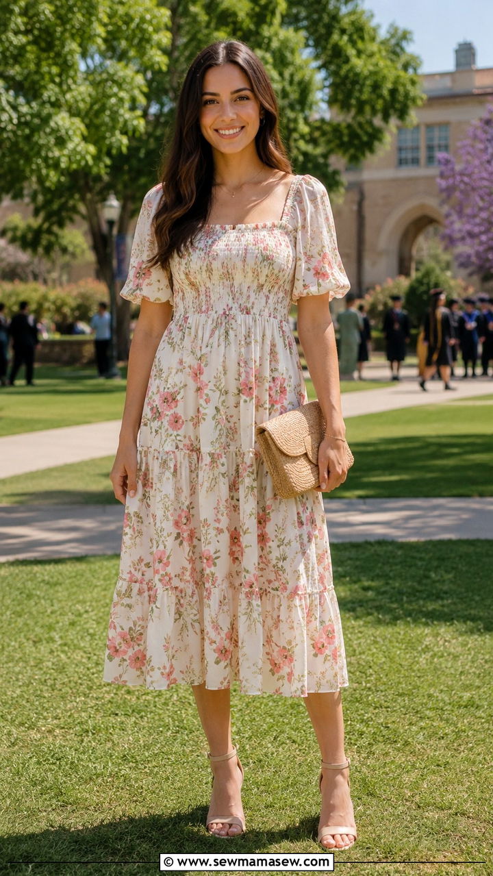 Floral Midi Dress With Block Heels - 30 Spring graduation party outfit ideas