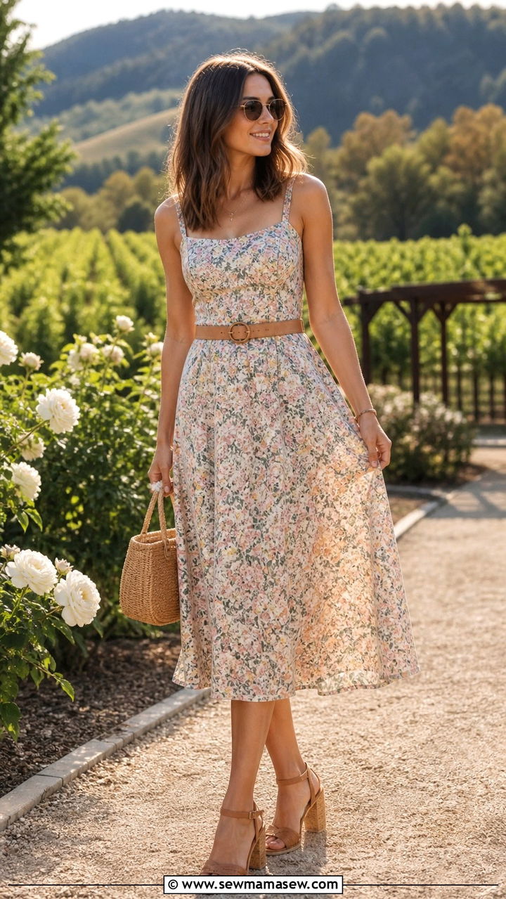 Floral Midi Dress With Block Heels - 40 Destination wedding guest outfits