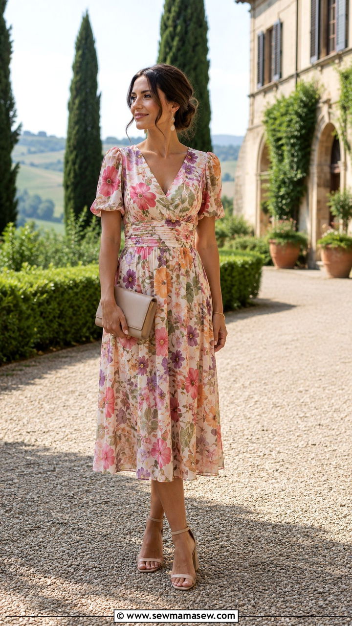 Floral Midi Dress With Block Heels Italian Wedding - 20 Wedding guest outfit ideas Italian wedding
