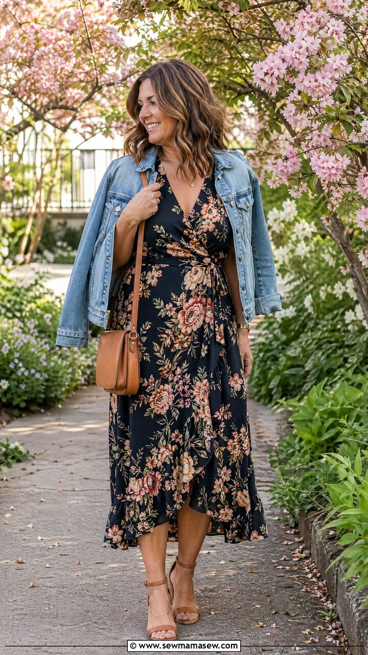 Floral Midi Dress With Block Heels - 35 dinner outfits for women over 40