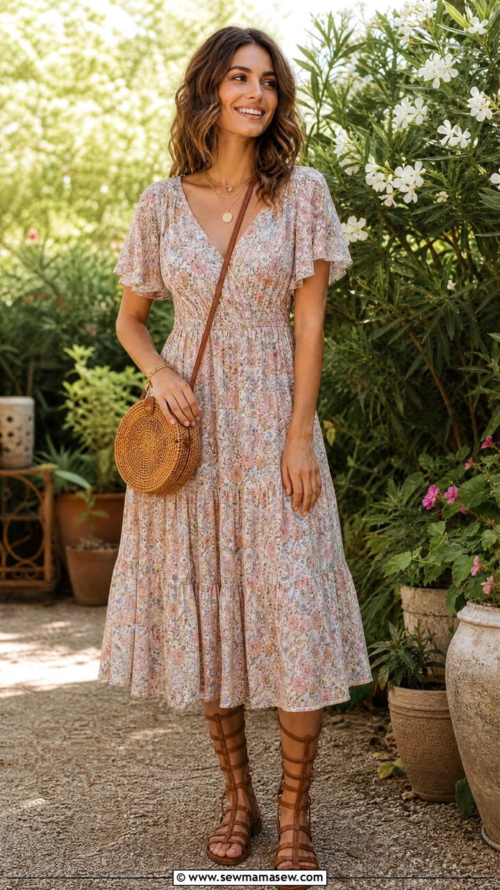 Floral Midi Dress With Brown Gladiator Sandals - 25 How to style gladiator sandals