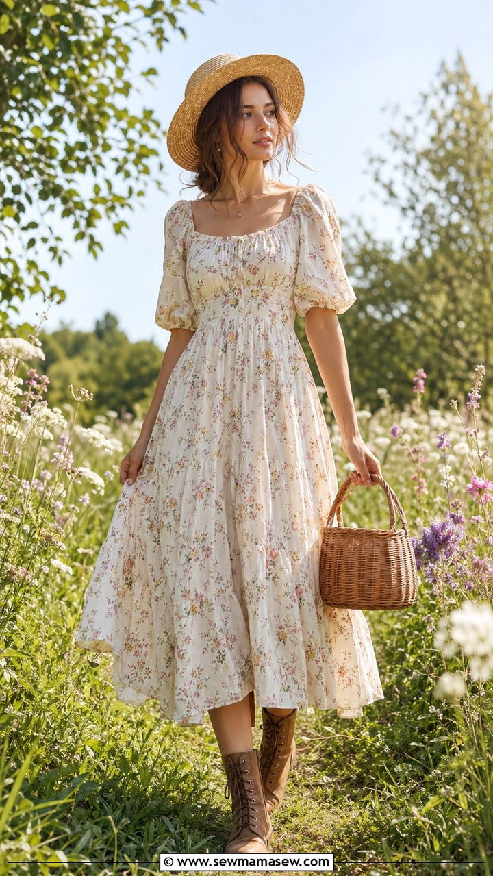 Floral Midi Dress With Brown Lace Up Boots - 35 aesthetic outfits for women