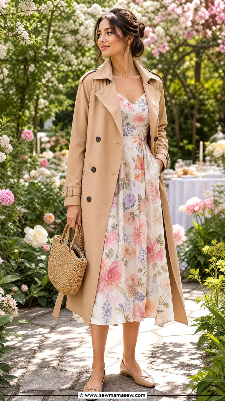 Floral Midi Dress With Camel Trench Coat Outfit - 25 Midi dress with trench coat outfit ideas