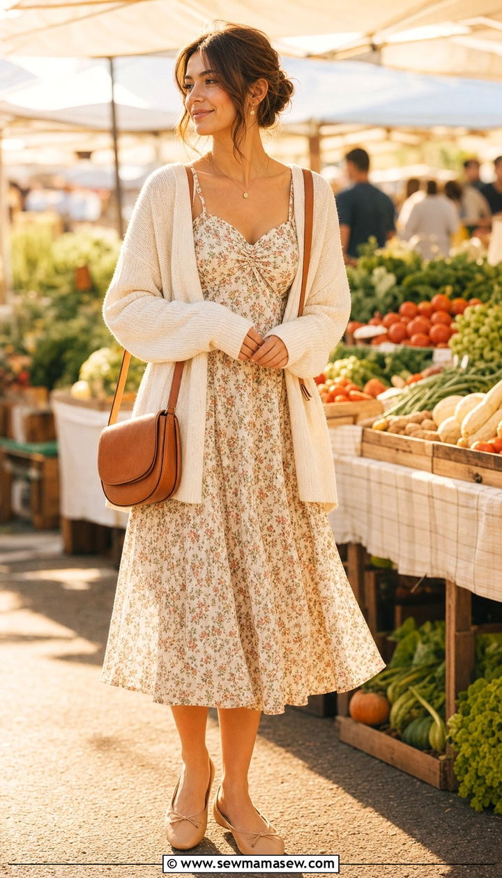 Floral Midi Dress With Cardigan - 25 Summer cottagecore outfits 2026