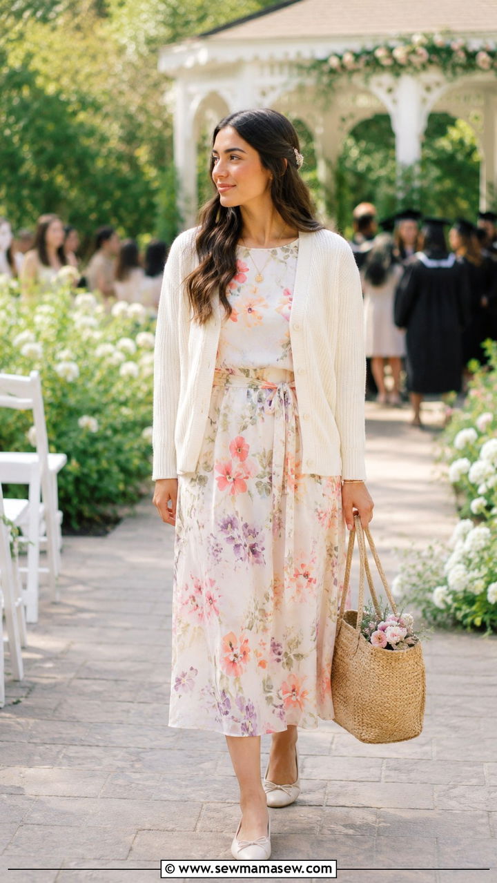 Floral Midi Dress With Cardigan - 30 modest graduation outfit ideas