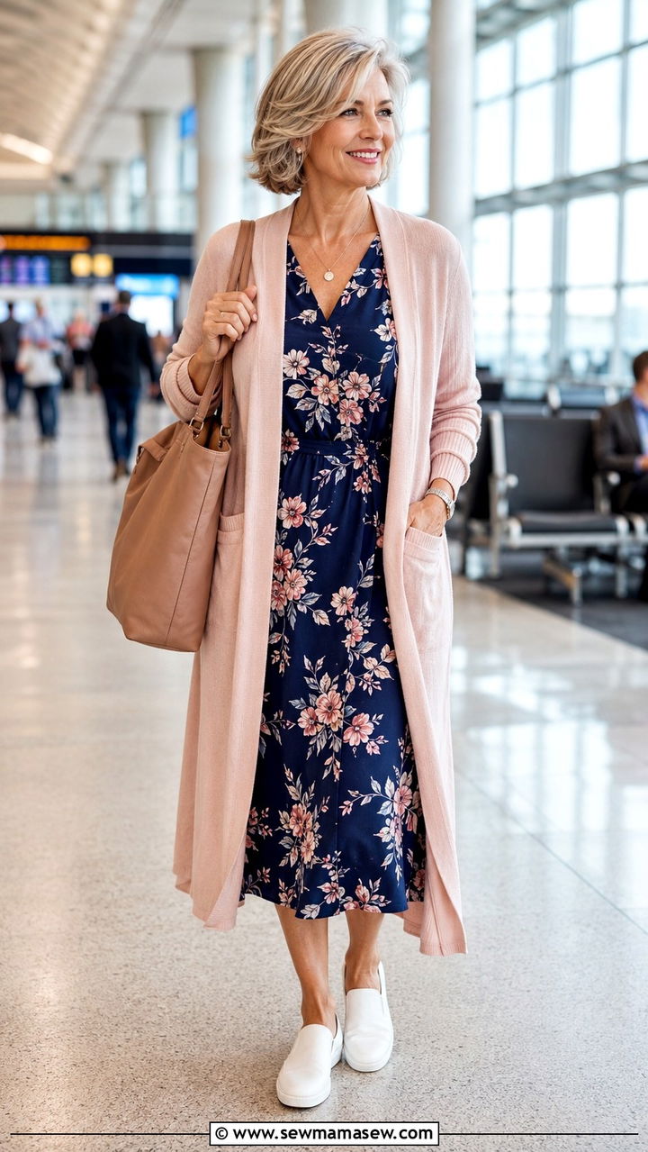 Floral Midi Dress With Cardigan Plane Outfit Over 50 - 25 What to wear on a plane over 50