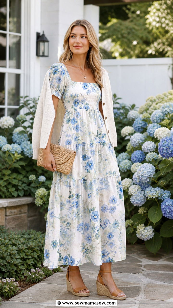 Floral Midi Dress With Cardigan - 40 summer coastal grandmother outfits