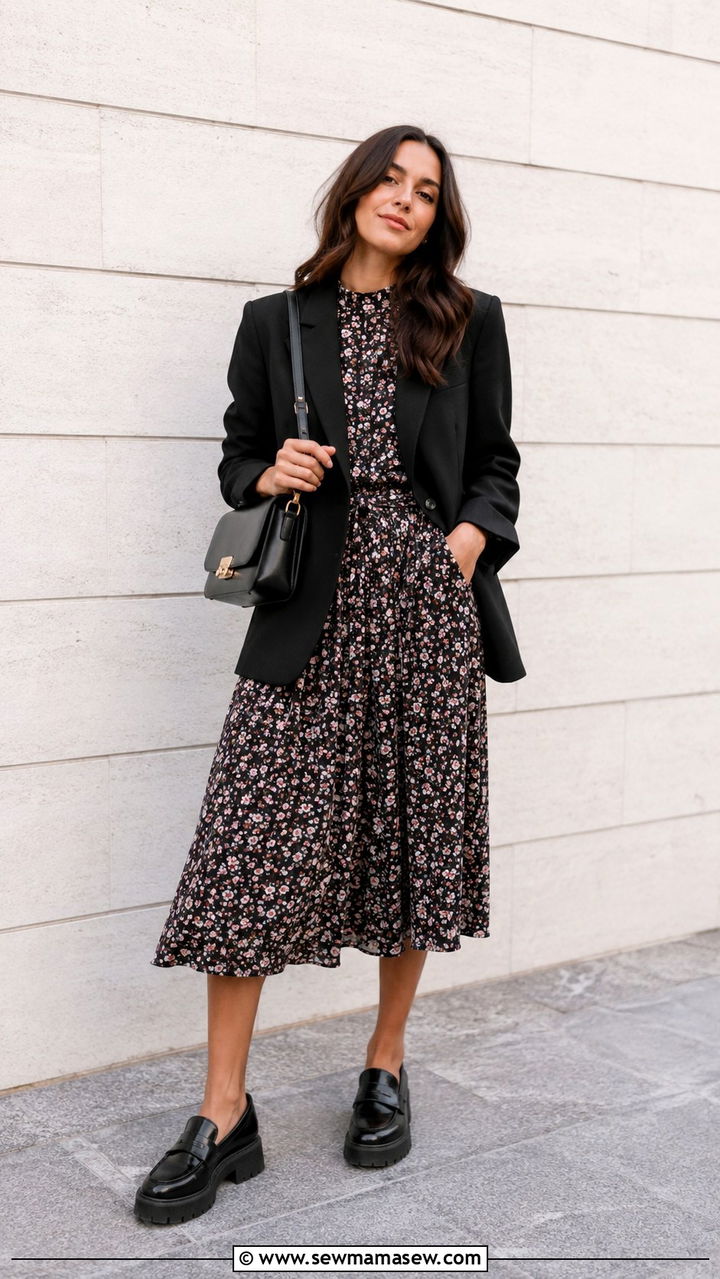 Floral Midi Dress With Chunky Loafers - 20 Floral dress outfit ideas 2026