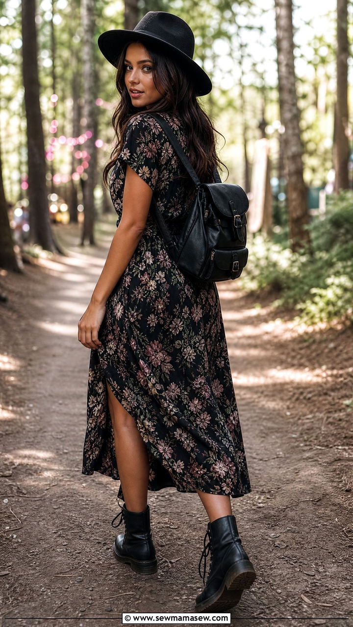 Floral Midi Dress With Combat Boots - 30 Electric forest outfit ideas