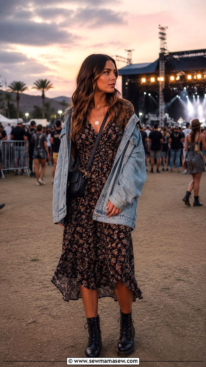 Floral Midi Dress With Combat Boots And Denim Jacket - 25 seasonal summer concert outfit ideas