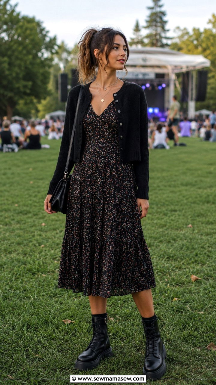 Floral Midi Dress With Combat Boots Outfit - 30 Indie outfit ideas