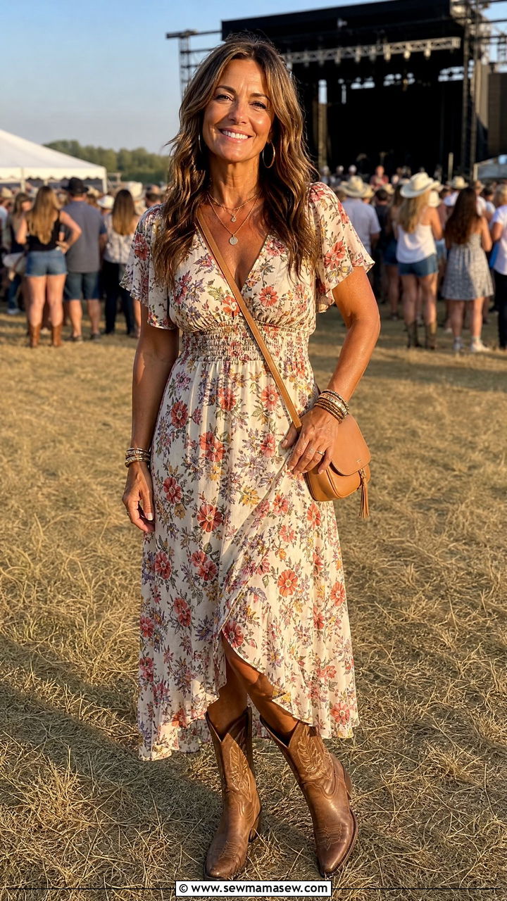Floral Midi Dress With Cowboy Boots - 30 summer concert outfits for women over 40