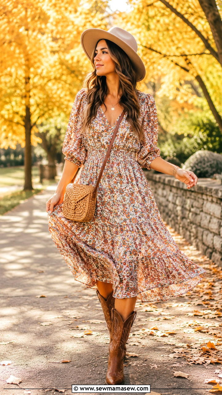 Floral Midi Dress With Cowboy Boots - 30 Midi dress with cowboy boots outfit ideas