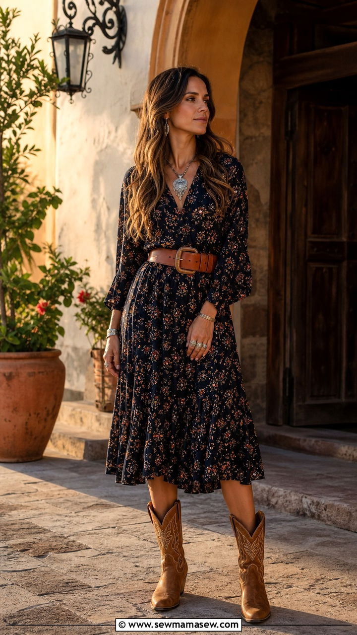 Floral Midi Dress With Cowboy Boots Mexico - 40 Mexico outfit ideas