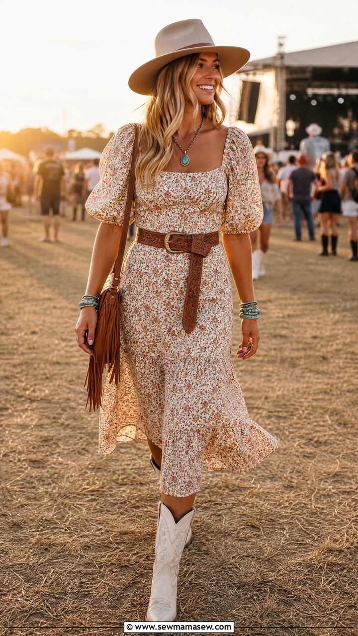 Floral Midi Dress With Cowboy Boots - 35 Modern boho outfit ideas