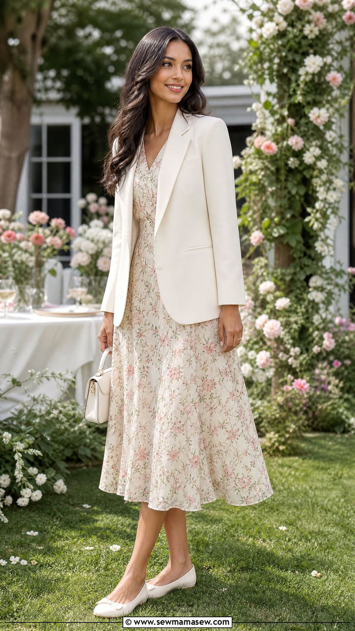 Floral Midi Dress With Cream Blazer - 30 modest classy outfits for women