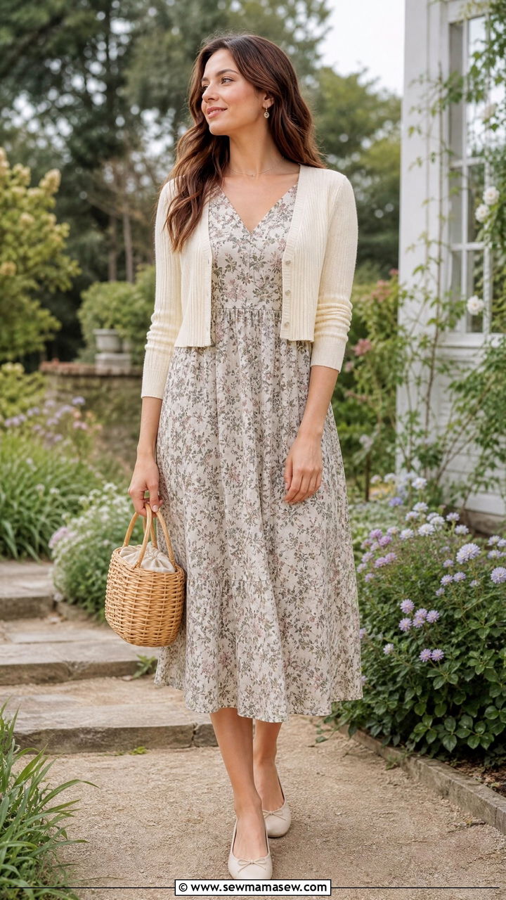 Floral Midi Dress With Cropped Cardigan and Ballet Flats - 40 French girl outfits ideas
