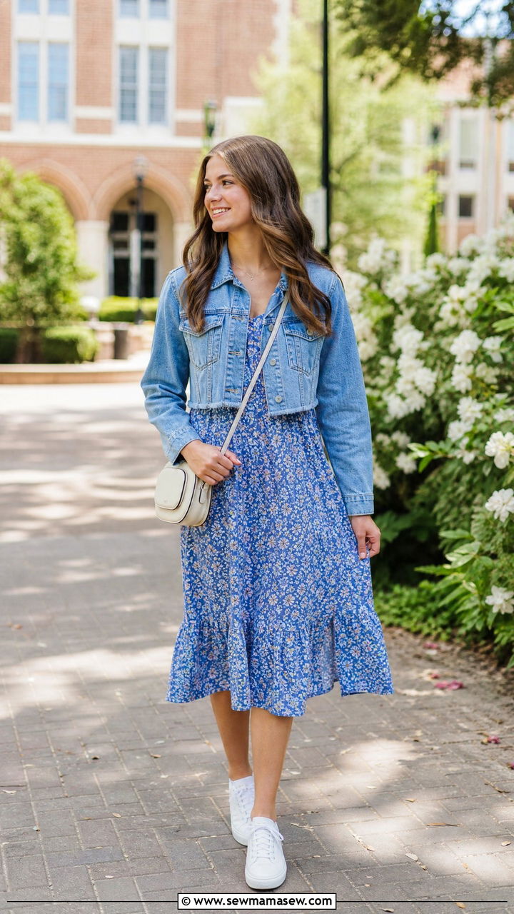 Floral Midi Dress With Cropped Denim Jacket - 30 School outfit ideas for teens hot weather