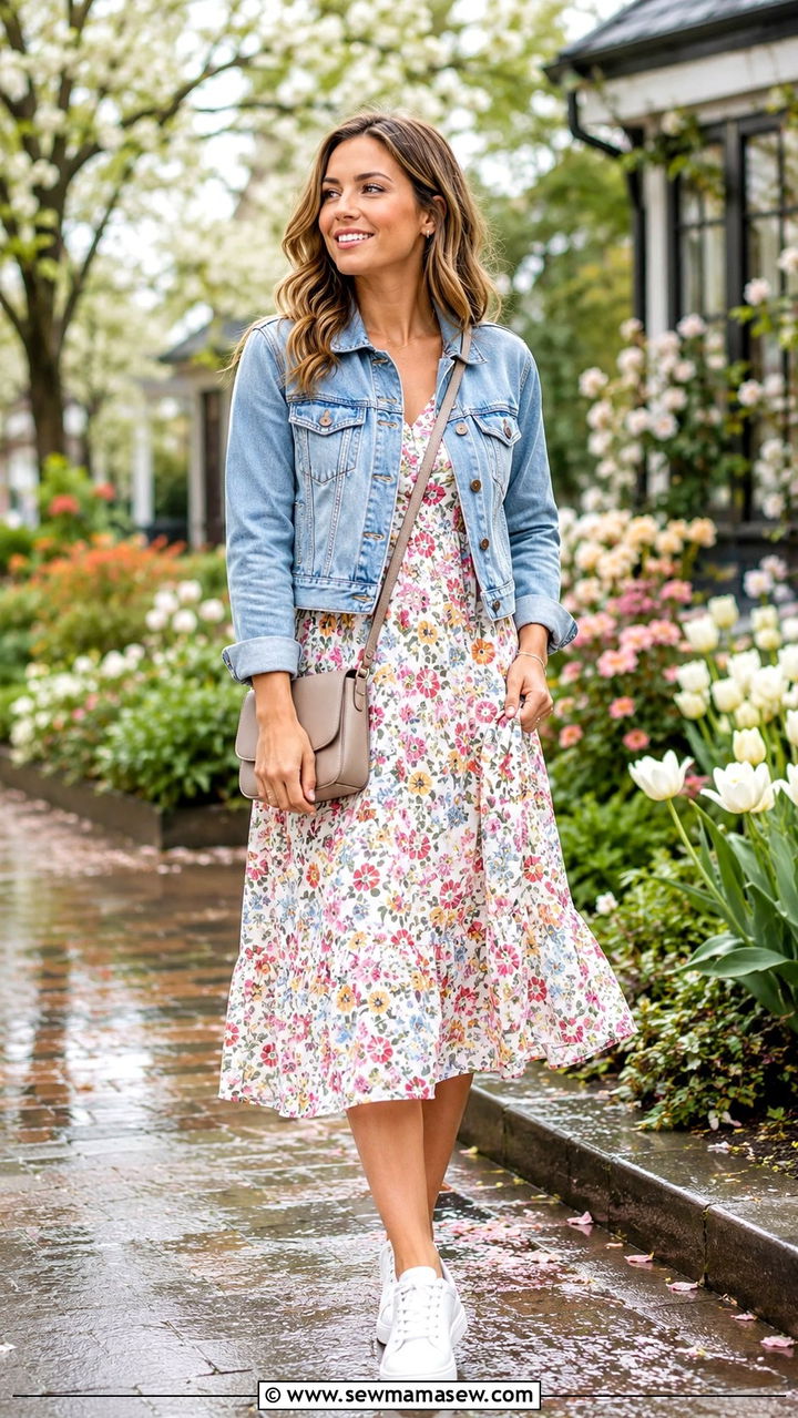 Floral Midi Dress With Cropped Denim Jacket - 30 spring midsize outfit ideas