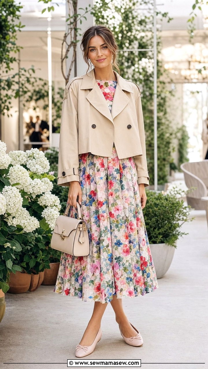 Floral Midi Dress With Cropped Trench - 25 spring outfits 2026 women inspo